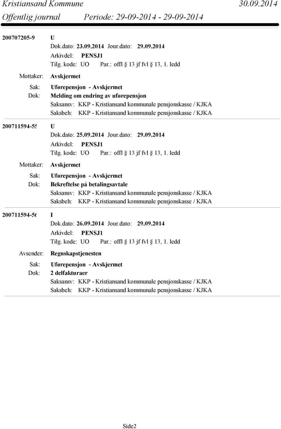 2014 Uførepensjon - Melding om endring av uførepensjon Saksansv: KKP - Kristiansand kommunale pensjonskasse / KJKA Saksbeh: KKP - Kristiansand kommunale pensjonskasse /