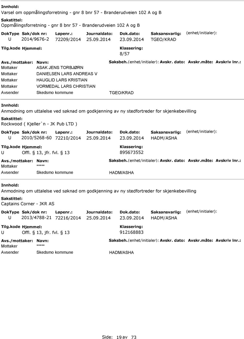 : Mottaker SK JNS TORBJØRN Mottaker Mottaker Mottaker DNLSN LRS NDRS V HGLD LRS KRSTN VORMDL LRS CHRSTN TGO/KRD nmodning om uttalelse ved søknad om godkjenning av ny stedfortreder for