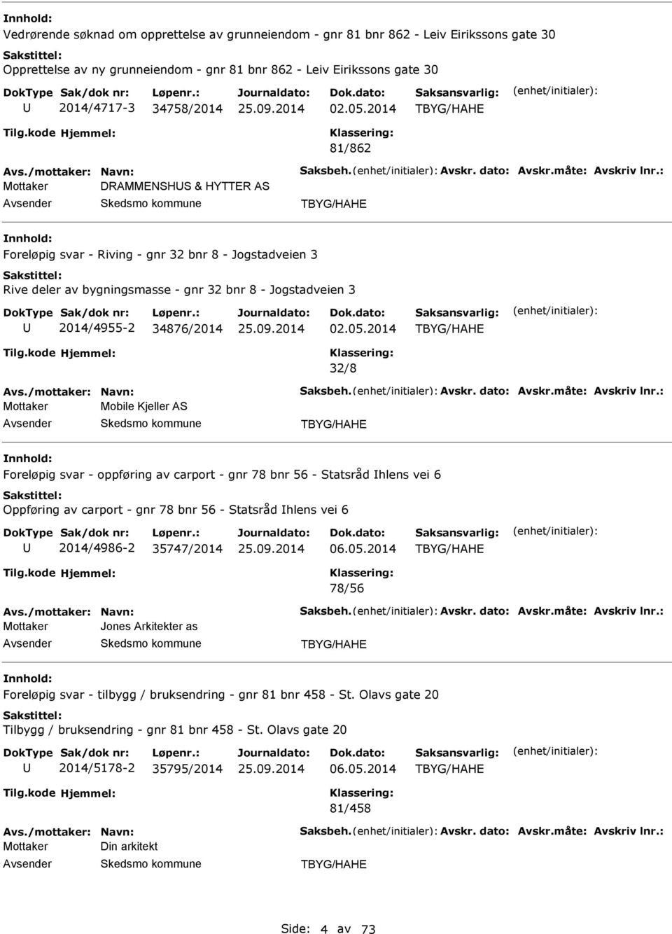 : Mottaker DRMMNSHS & HYTTR S TBYG/HH Foreløpig svar - Riving - gnr 32 bnr 8 - Jogstadveien 3 Rive deler av bygningsmasse - gnr 32 bnr 8 - Jogstadveien 3 2014/4955-2 34876/2014 02.05.