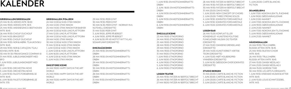 MAI 19.30: JUBILEUMSKONSERT MED BFO 1. JUNI 19.30: JUBILEUMSKONSERT MED BFO 2. JUNI 19.30: ORCHESTRA NOVE 3. JUNI 13.00: ORCHESTRA NOVE 5. JUNI 19.30: FAUSTS FORDØMMELSE INTR. 18.45 6. JUNI 18.
