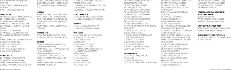 MAI 12.00 & 23.00: KÅRE NORDSTOGA 1. JUNI 23.00: CURRENTES 2. JUNI 23.00: BIESYMFONI 3. JUNI 23.00: DRAUP 4. JUNI 23.00: BERGEN DOMKOR 5. JUNI 12.00: STIKK INNOM GRIEGS VILLA 25. MAI 22.