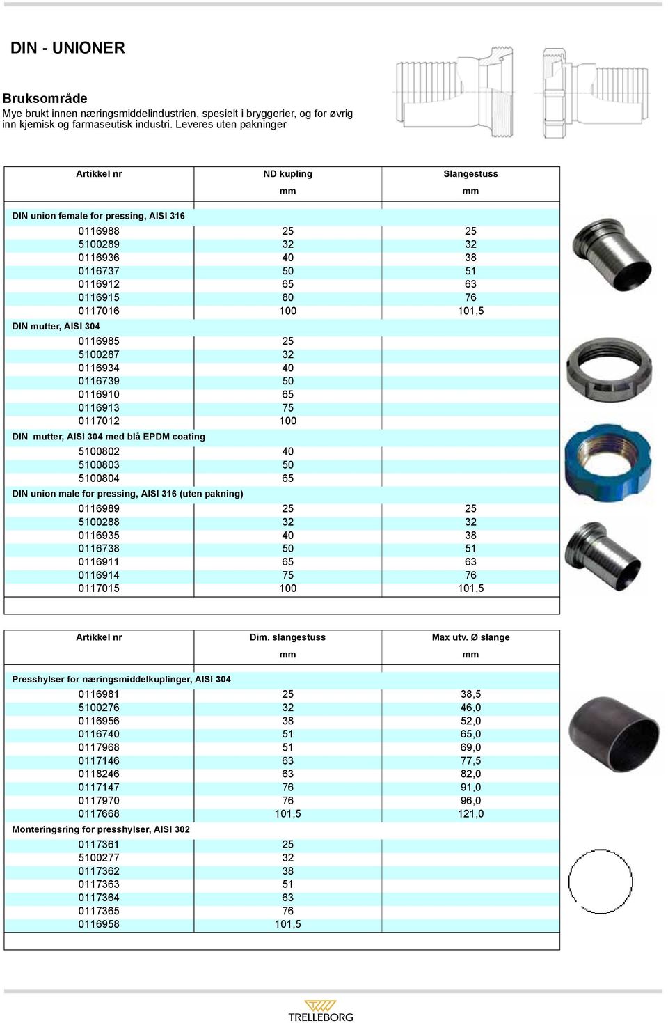 76 0117016 100 101,5 0116985 25 5100287 32 0116934 40 0116739 50 0116910 65 0116913 75 0117012 100 DIN mutter, AISI 304 med blå EPDM coating 5100802 40 5100803 50 5100804 65 DIN union male for