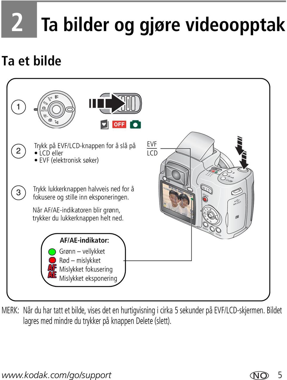 AF/AE-indikator: Grønn vellykket Rød mislykket Mislykket fokusering Mislykket eksponering MERK: Når du har tatt et bilde, vises det en