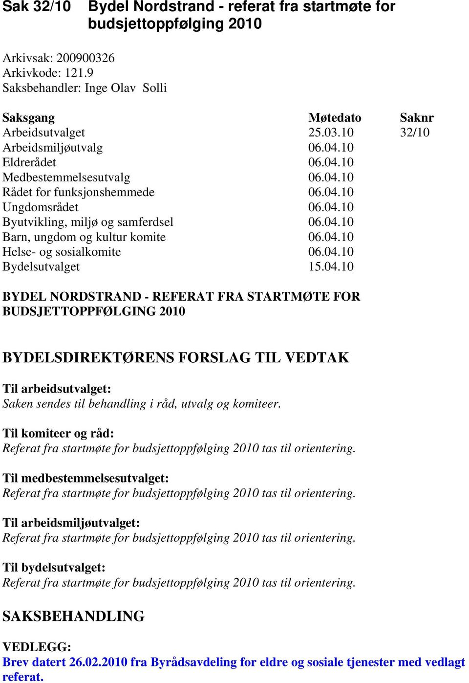 04.10 Bydelsutvalget 15.04.10 BYDEL NORDSTRAND - REFERAT FRA STARTMØTE FOR BUDSJETTOPPFØLGING 2010 BYDELSDIREKTØRENS FORSLAG TIL VEDTAK Til arbeidsutvalget: Saken sendes til behandling i råd, utvalg og komiteer.