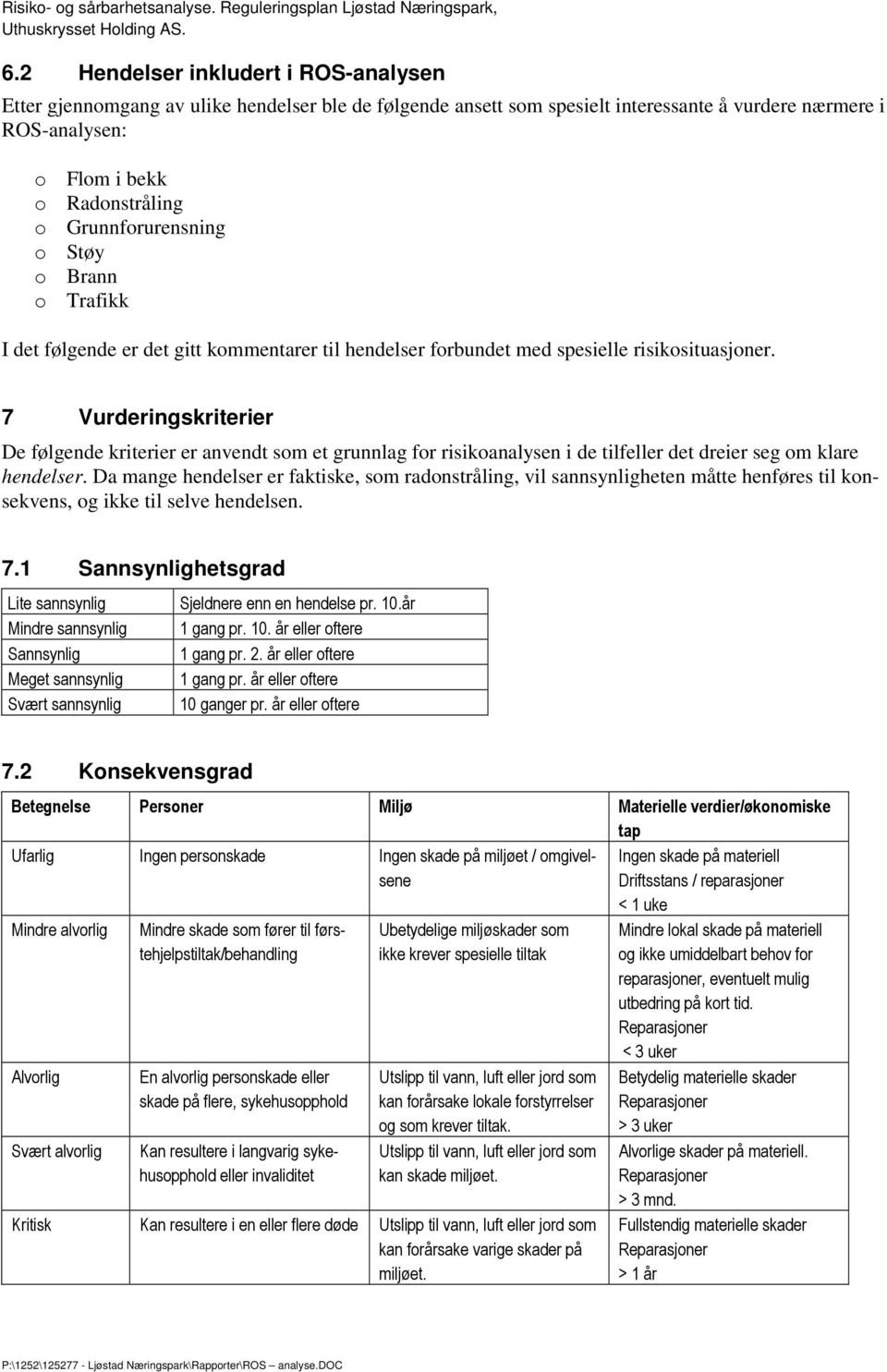 7 Vurderingskriterier De følgende kriterier er anvendt som et grunnlag for risikoanalysen i de tilfeller det dreier seg om klare hendelser.