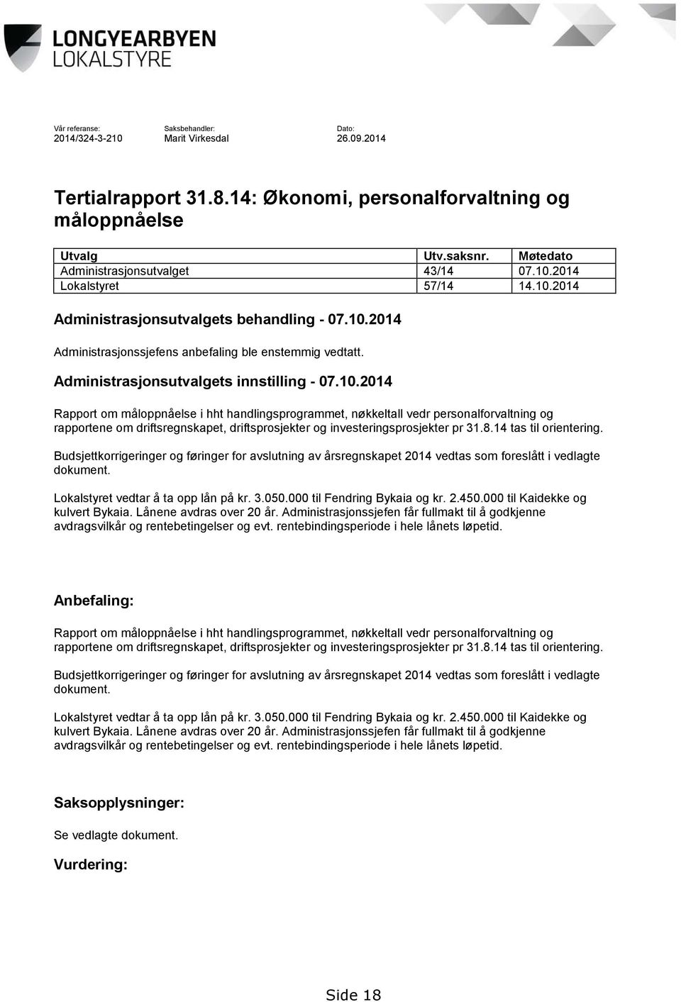 Administrasjonsutvalgets innstilling - 07.10.