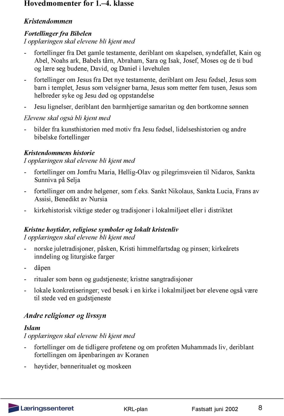 og de ti bud og lære seg budene, David, og Daniel i løvehulen - fortellinger om Jesus fra Det nye testamente, deriblant om Jesu fødsel, Jesus som barn i templet, Jesus som velsigner barna, Jesus som