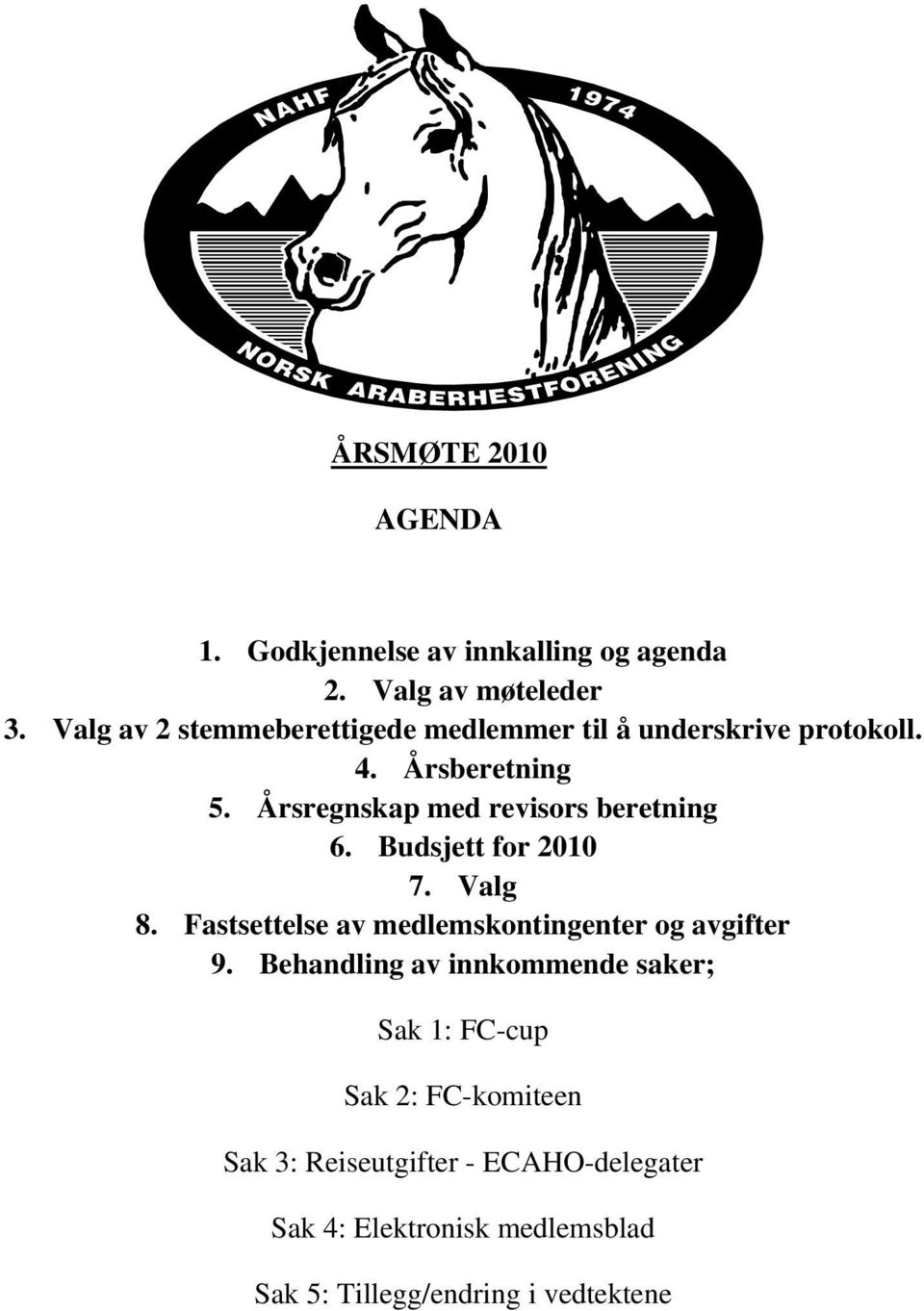 Årsregnskap med revisors beretning 6. Budsjett for 2010 7. Valg 8.