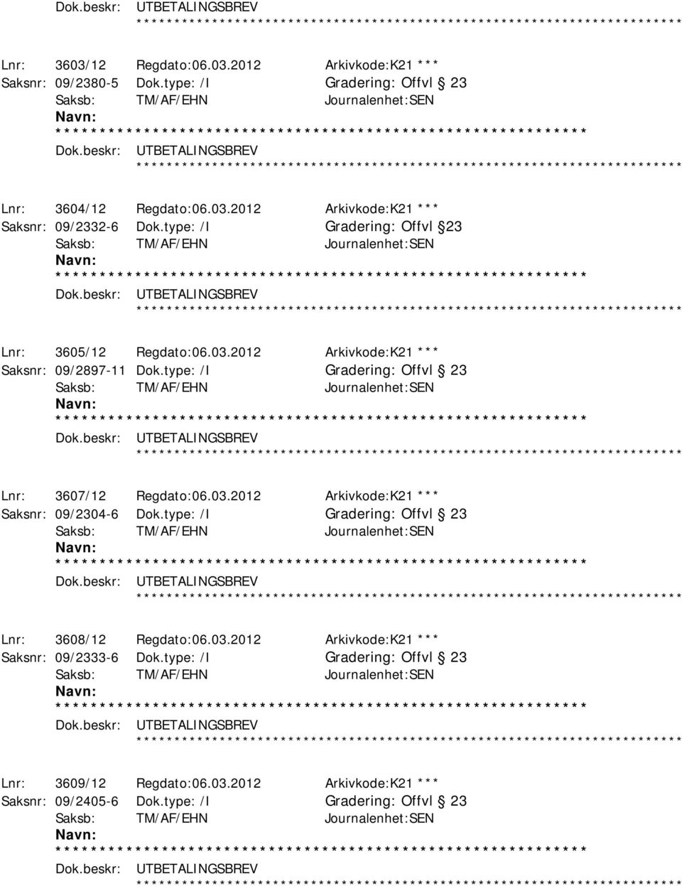 beskr: UTBETALINGSBREV ************ Lnr: 3605/12 Regdato:06.03.2012 Arkivkode:K21 *** Saksnr: 09/2897-11 Dok.type: /I Gradering: Offvl 23 Saksb: TM/AF/EHN Journalenhet:SEN Dok.