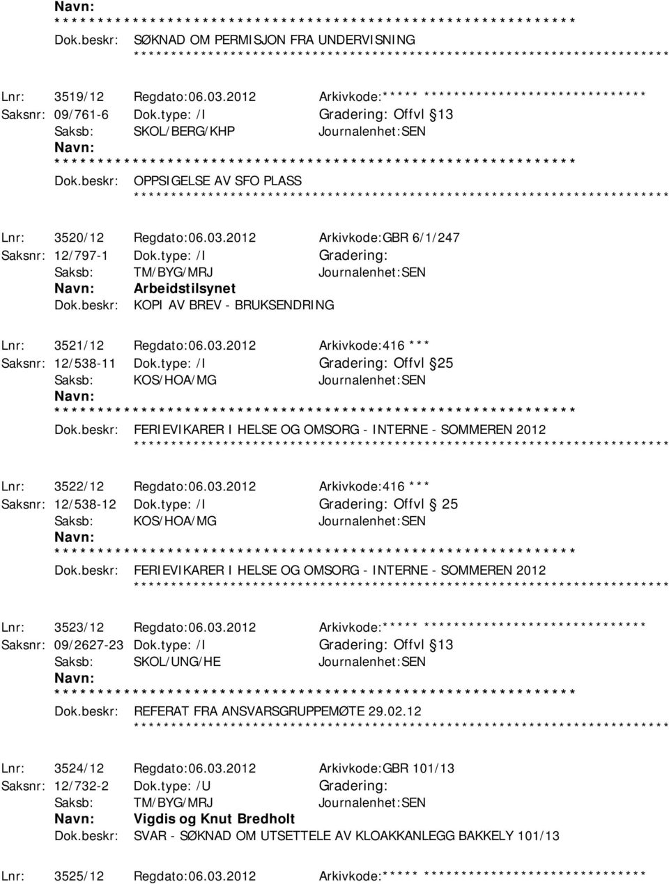 type: /I Gradering: Saksb: TM/BYG/MRJ Journalenhet:SEN Arbeidstilsynet Dok.beskr: KOPI AV BREV - BRUKSENDRING Lnr: 3521/12 Regdato:06.03.2012 Arkivkode:416 *** Saksnr: 12/538-11 Dok.