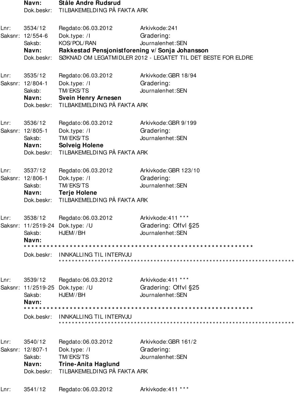 type: /I Gradering: Svein Henry Arnesen Lnr: 3536/12 Regdato:06.03.2012 Arkivkode:GBR 9/199 Saksnr: 12/805-1 Dok.type: /I Gradering: Solveig Holene Lnr: 3537/12 Regdato:06.03.2012 Arkivkode:GBR 123/10 Saksnr: 12/806-1 Dok.