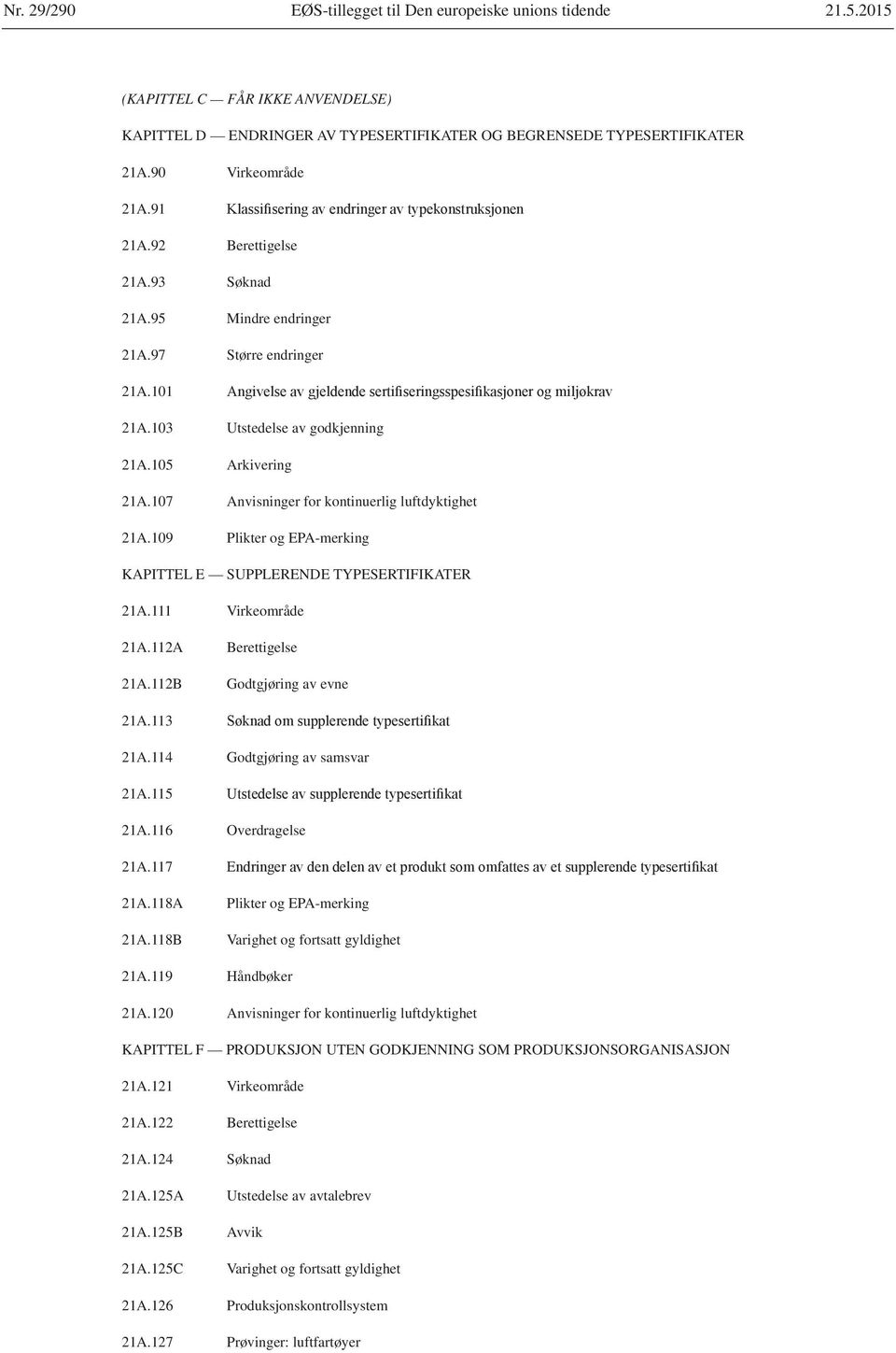 107 Anvisninger for kontinuerlig luftdyktighet 21A.109 Plikter og EPA-merking KAPITTEL E SUPPLERENDE TYPESERTIFIKATER 21A.111 Virkeområde 21A.112A 21A.112B Berettigelse Godtgjøring av evne 21A.