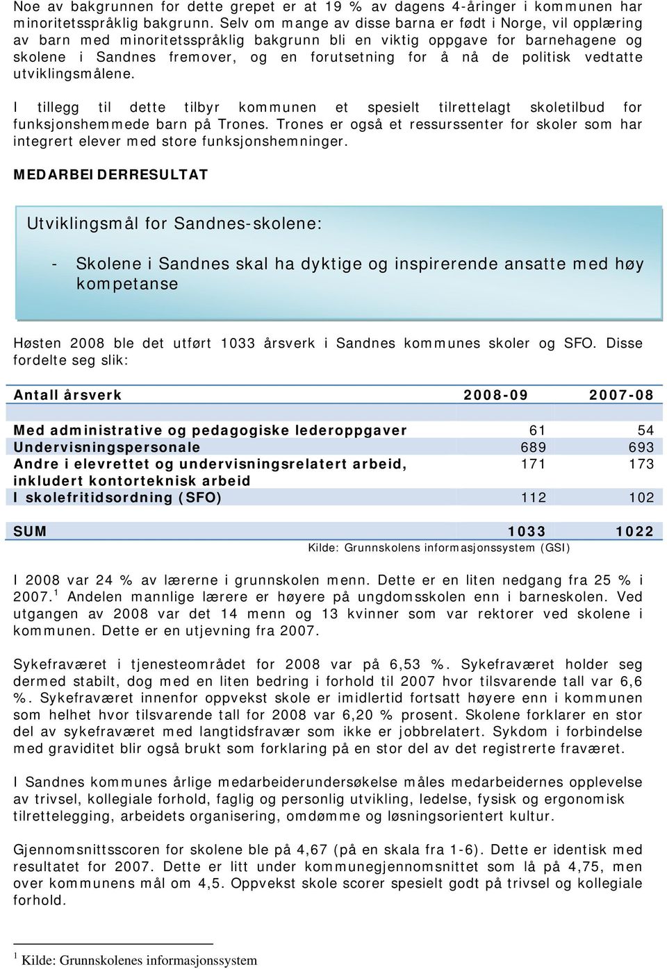 politisk vedtatte utviklingsmålene. I tillegg til dette tilbyr kommunen et spesielt tilrettelagt skoletilbud for funksjonshemmede barn på Trones.