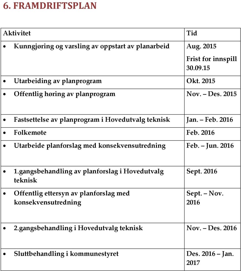 2016 Folkemøte Feb. 2016 Utarbeide planforslag med konsekvensutredning Feb. Jun. 2016 1.