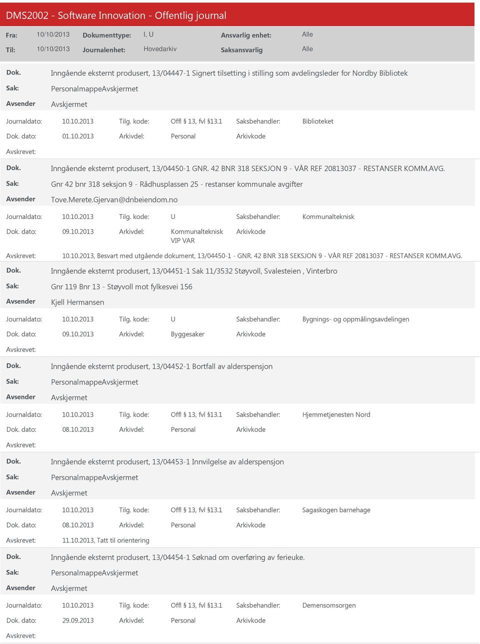 10.2013, Besvart med utgående dokument, 13/04450-1 - GNR. 42 BNR 318 SEKSJON 9 - VÅR REF 20813037 - RESTANSER KOMM.AVG.