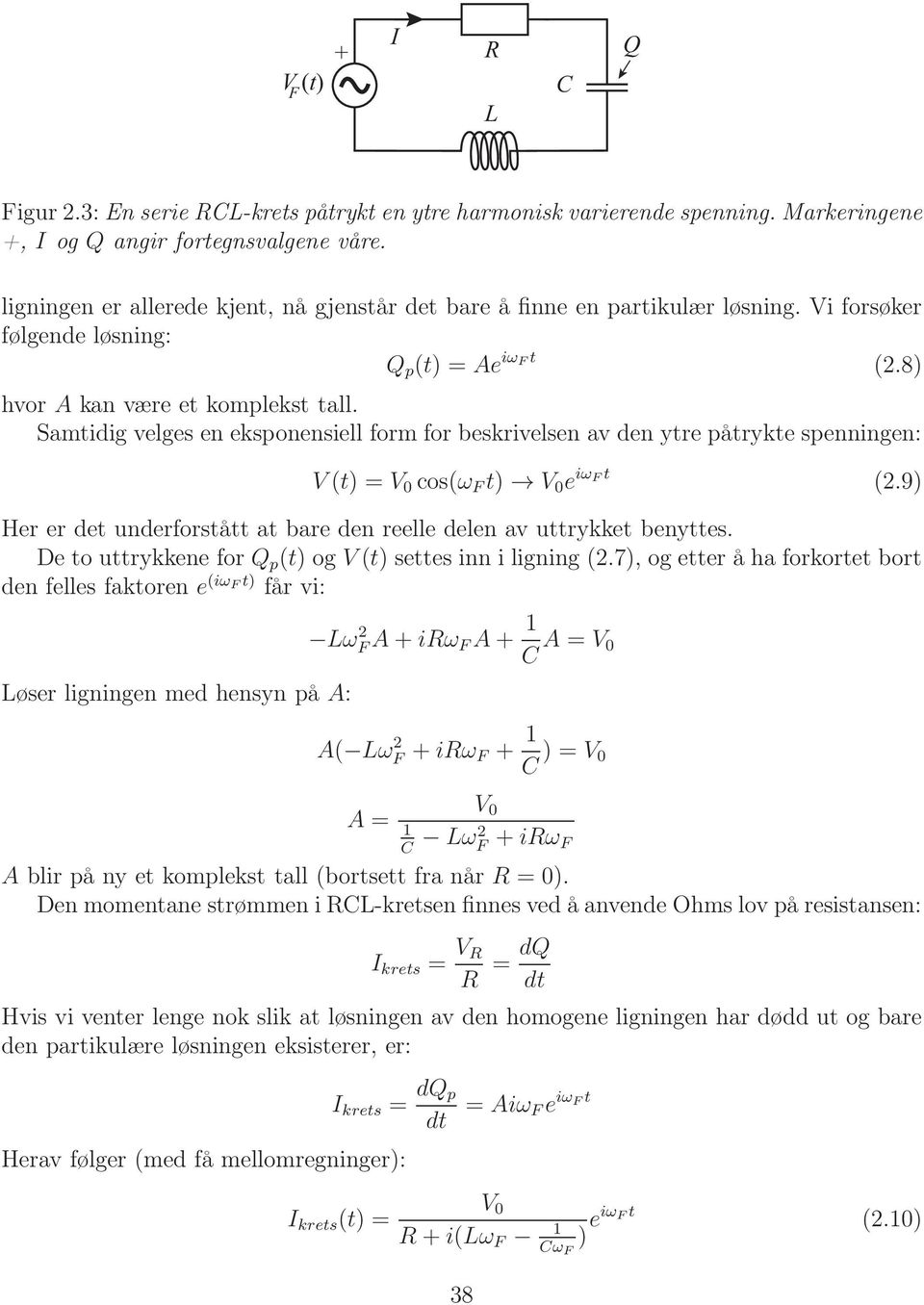 Samtidig velges en eksponensiell form for beskrivelsen av den ytre påtrykte spenningen: V (t) =V 0 cos(ω F t) V 0 e iω F t (2.