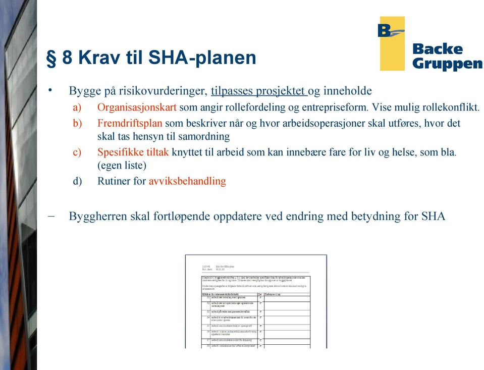 Fremdriftsplan som beskriver når og hvor arbeidsoperasjoner skal utføres, hvor det skal tas hensyn til samordning Spesifikke