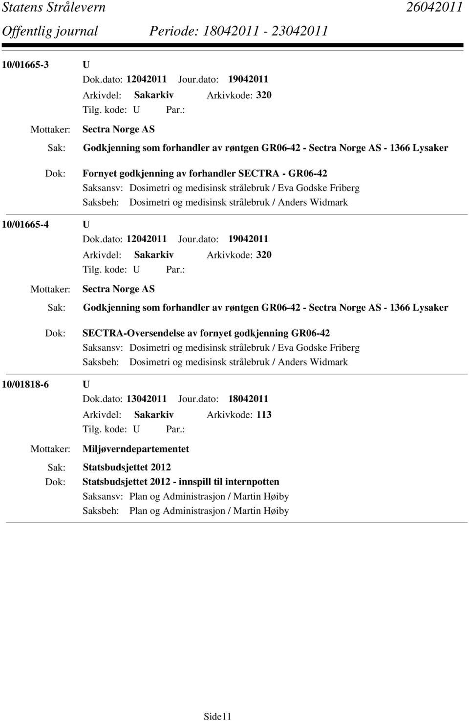 Saksansv: Dosimetri og medisinsk strålebruk / Eva Godske Friberg Saksbeh: Dosimetri og medisinsk strålebruk / Anders Widmark 10/01665-4 U Dok.dato: 12042011 Jour.