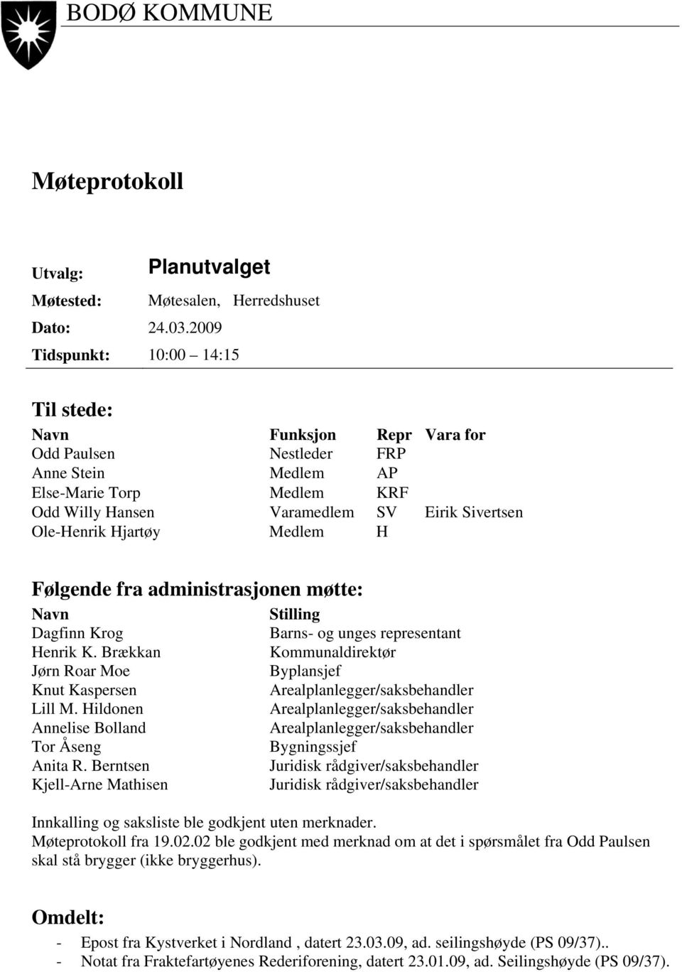 Hjartøy Medlem H Følgende fra administrasjonen møtte: Navn Dagfinn Krog Henrik K. Brækkan Jørn Roar Moe Knut Kaspersen Lill M. Hildonen Annelise Bolland Tor Åseng Anita R.