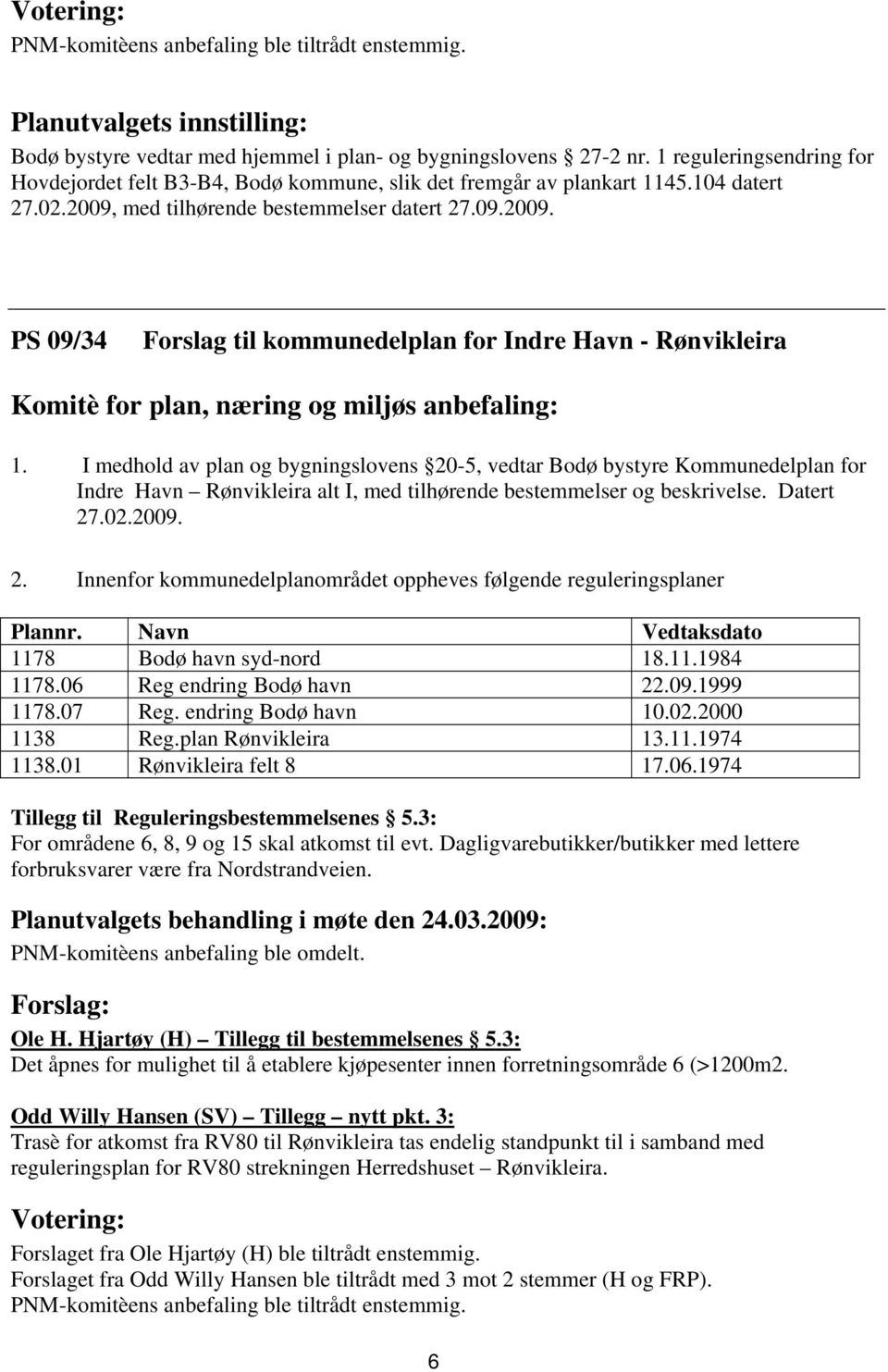 med tilhørende bestemmelser datert 27.09.2009. PS 09/34 Forslag til kommunedelplan for Indre Havn - Rønvikleira Komitè for plan, næring og miljøs anbefaling: 1.