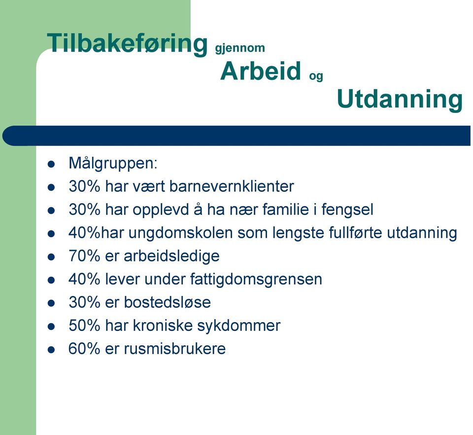 ungdomskolen som lengste fullførte utdanning 70% er arbeidsledige 40% lever