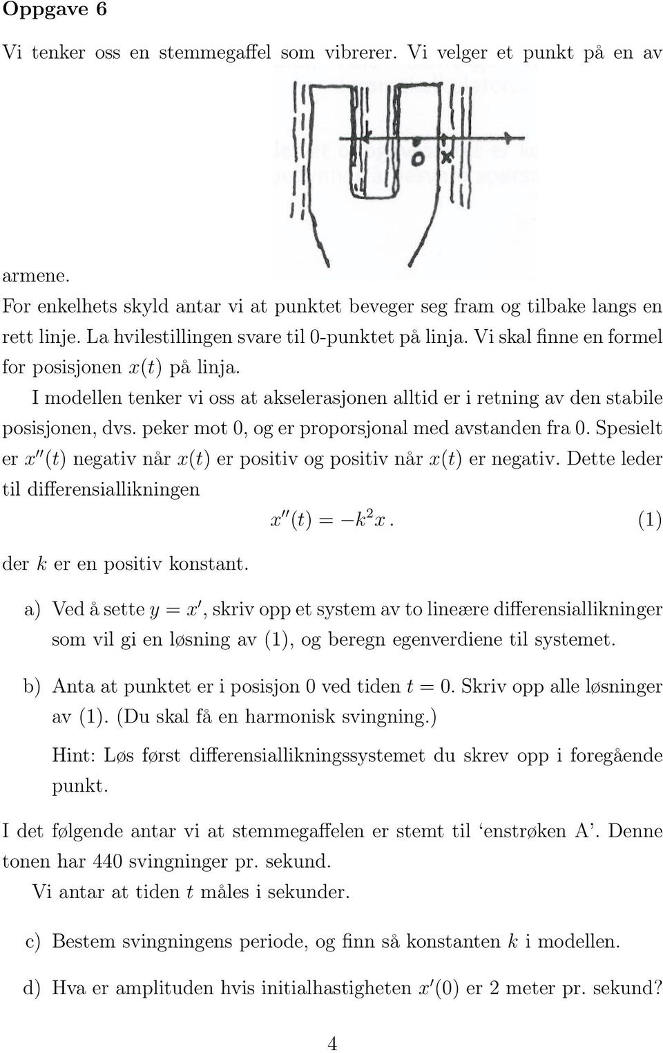 peker mot 0, og er proporsjonal med avstanden fra 0. Spesielt er x (t) negativ når x(t) er positiv og positiv når x(t) er negativ. Dette leder til differensiallikningen x (t) = k 2 x.