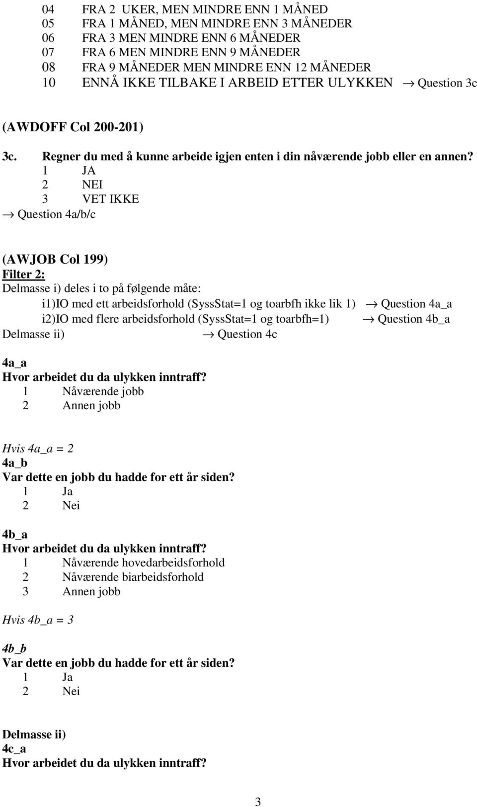 3 VET IKKE Question 4a/b/c (AWJOB Col 199) Filter 2: Delmasse i) deles i to på følgende måte: i1)io med ett arbeidsforhold (SyssStat=1 og toarbfh ikke lik 1) Question 4a_a i2)io med flere