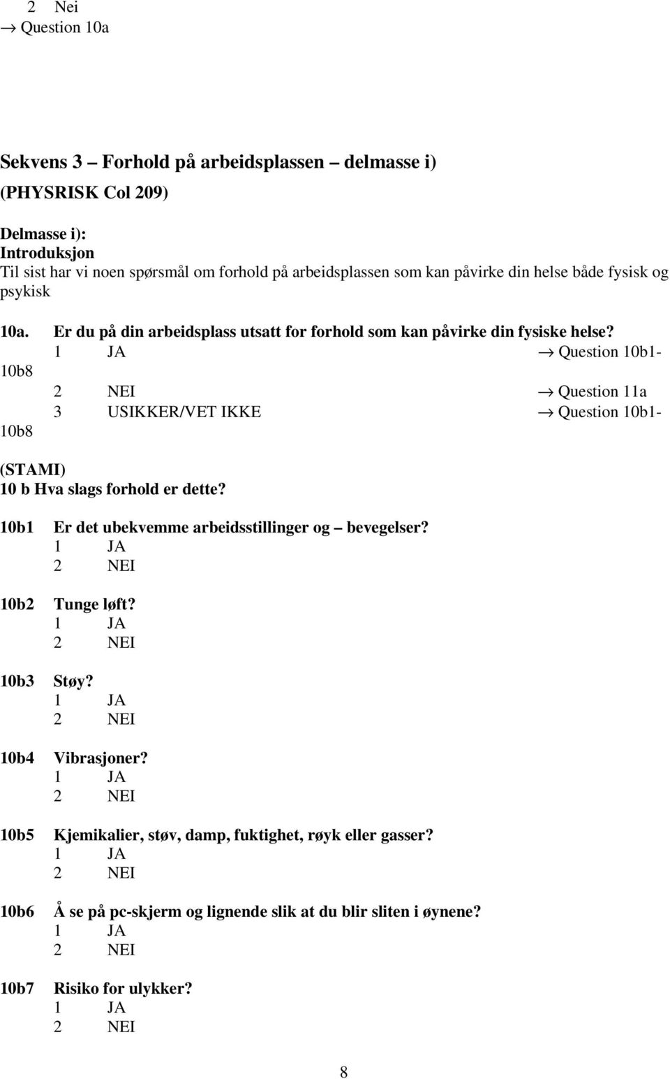 Question 10b1-10b8 Question 11a 3 USIKKER/VET IKKE Question 10b1-10b8 10 b Hva slags forhold er dette?