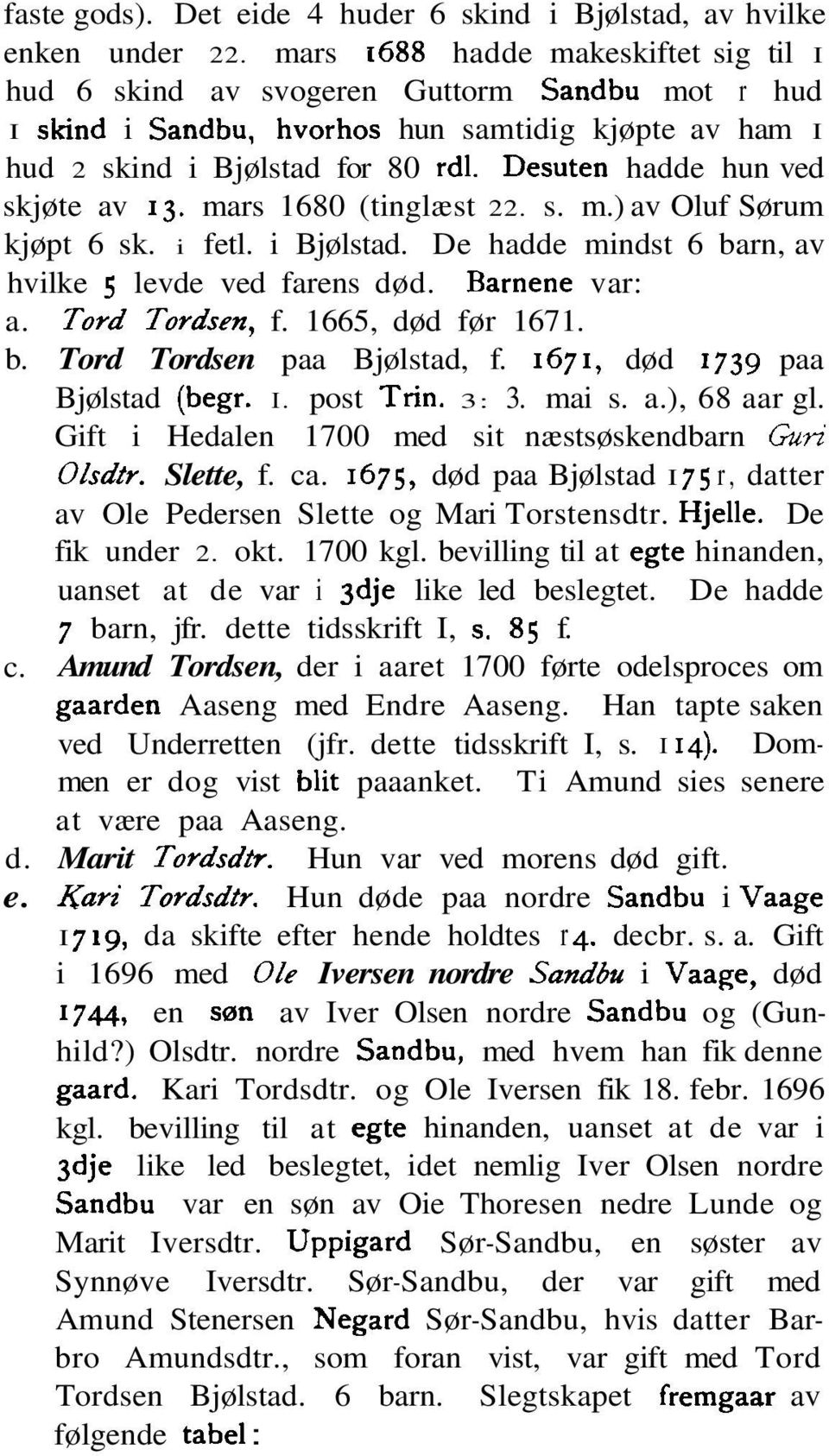 Desuten hadde hun ved skjøte av 13. mars 1680 (tinglæst 22. s. m.) av Oluf Sørum kjøpt 6 sk. i fetl. i Bjølstad. De hadde mindst 6 barn, av hvilke 5 levde ved farens død. Barnene var: a. Tord Tor&, f.