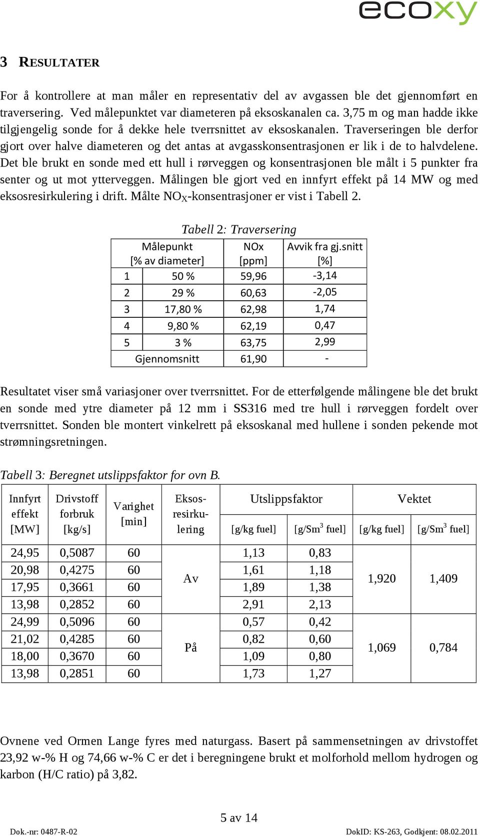 Traverseringen ble derfor gjort over halve diameteren og det antas at avgasskonsentrasjonen er lik i de to halvdelene.