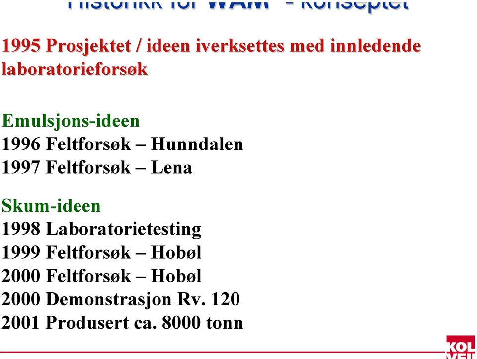 1997 Feltforsøk Lena Skum-ideen 1998 Laboratorietesting 1999 Feltforsøk