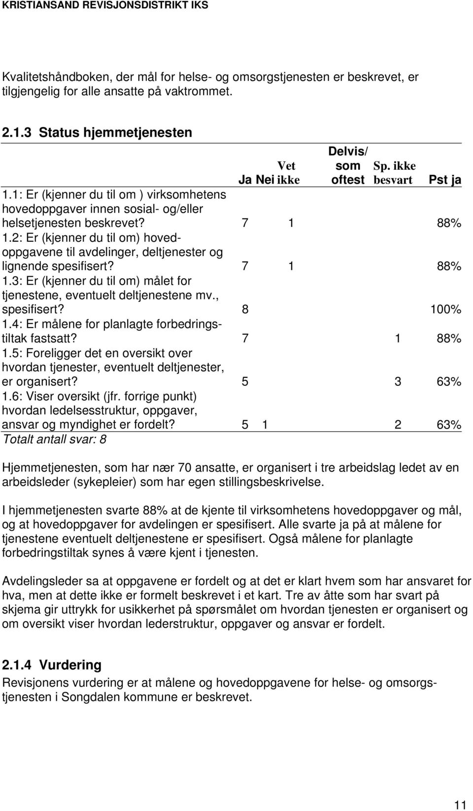 2: Er (kjenner du til om) hovedoppgavene til avdelinger, deltjenester og lignende spesifisert? 7 1 88% 1.3: Er (kjenner du til om) målet for tjenestene, eventuelt deltjenestene mv., spesifisert?