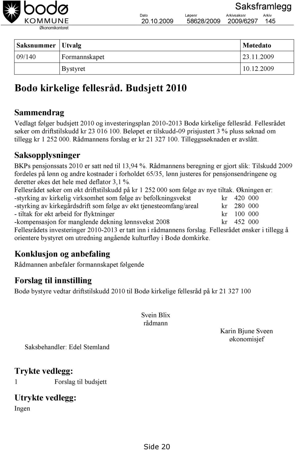 Beløpet er tilskudd-09 prisjustert 3 % pluss søknad om tillegg kr 1 252 000. Rådmannens forslag er kr 21 327 100. Tilleggssøknaden er avslått.