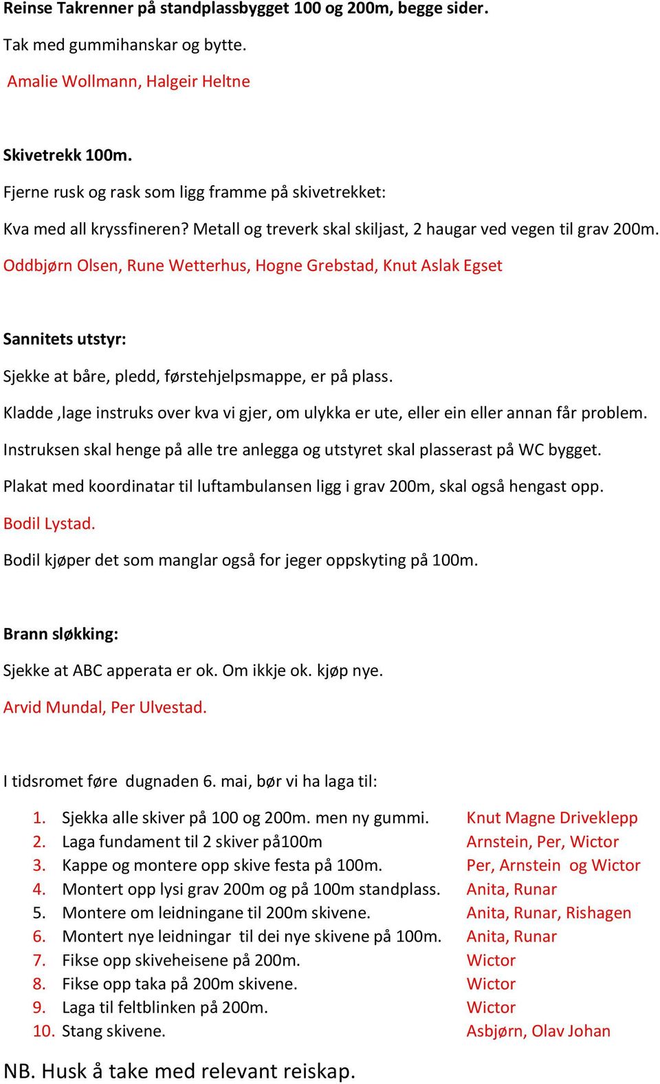 Oddbjørn Olsen, Rune Wetterhus, Hogne Grebstad, Knut Aslak Egset Sannitets utstyr: Sjekke at båre, pledd, førstehjelpsmappe, er på plass.