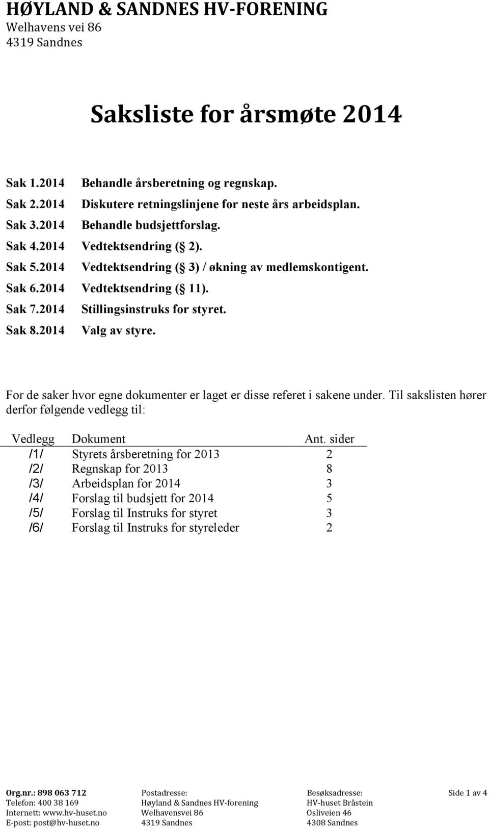 Sak 8.2014 Valg av styre. For de saker hvor egne dokumenter er laget er disse referet i sakene under. Til sakslisten hører derfor følgende vedlegg til: Vedlegg Dokument Ant.