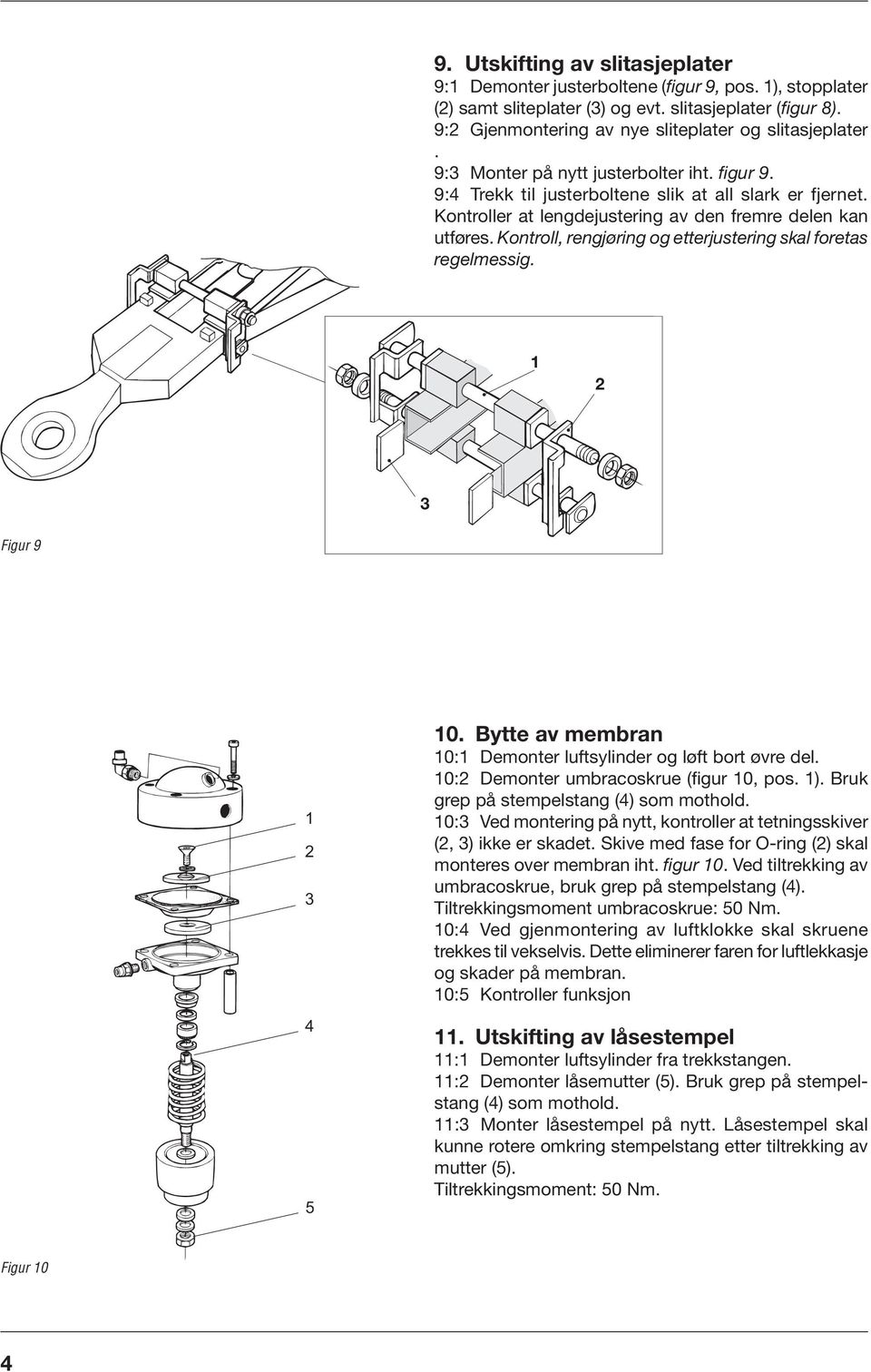 Kontroll, rengjøring og etterjustering skal foretas regelmessig. 2 Figur 9 2 4 5 0. Bytte av membran 0: Demonter luftsylinder og løft bort øvre del. 0:2 Demonter umbracoskrue (figur 0, pos. ).
