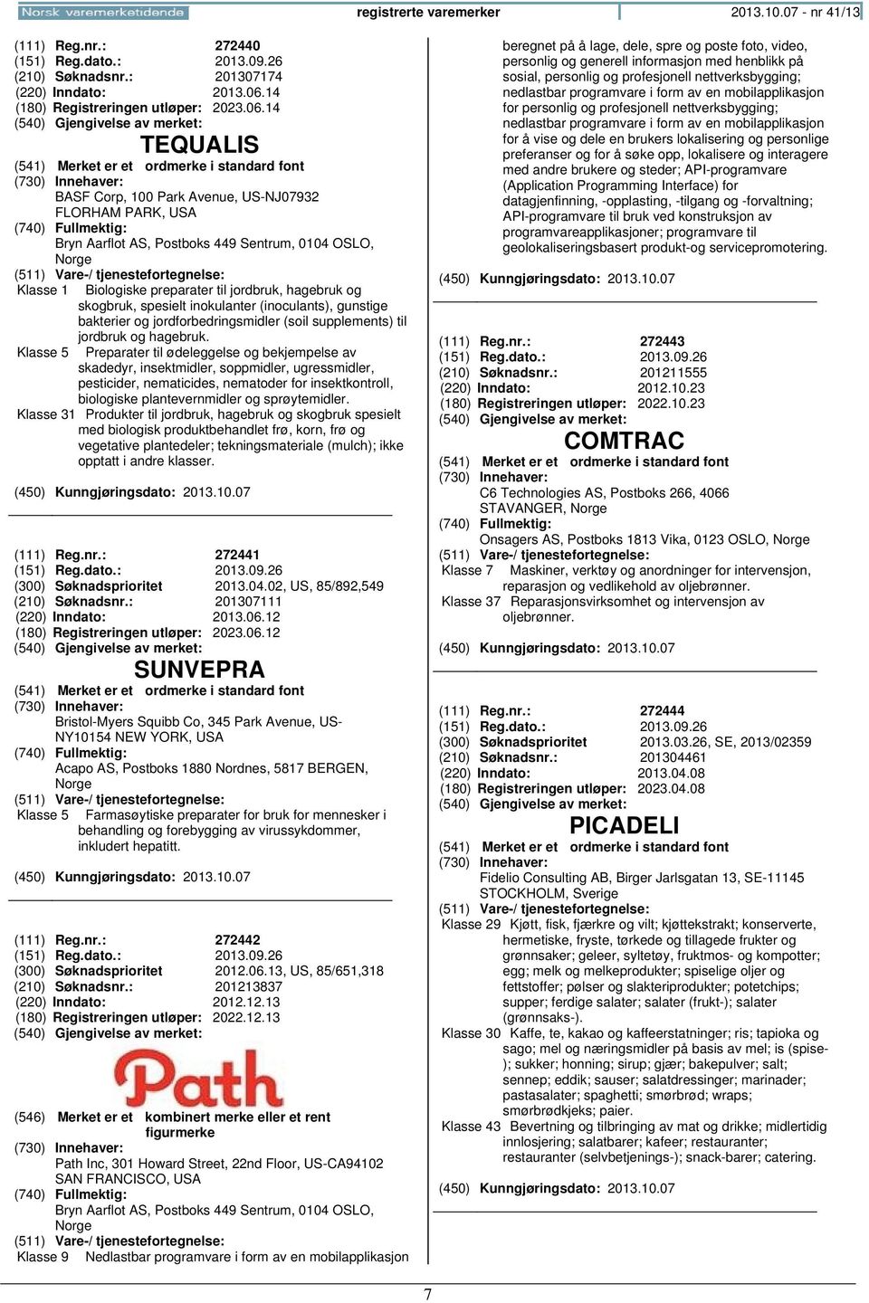 14 TEQUALIS BASF Corp, 100 Park Avenue, US-NJ07932 FLORHAM PARK, USA Klasse 1 Biologiske preparater til jordbruk, hagebruk og skogbruk, spesielt inokulanter (inoculants), gunstige bakterier og