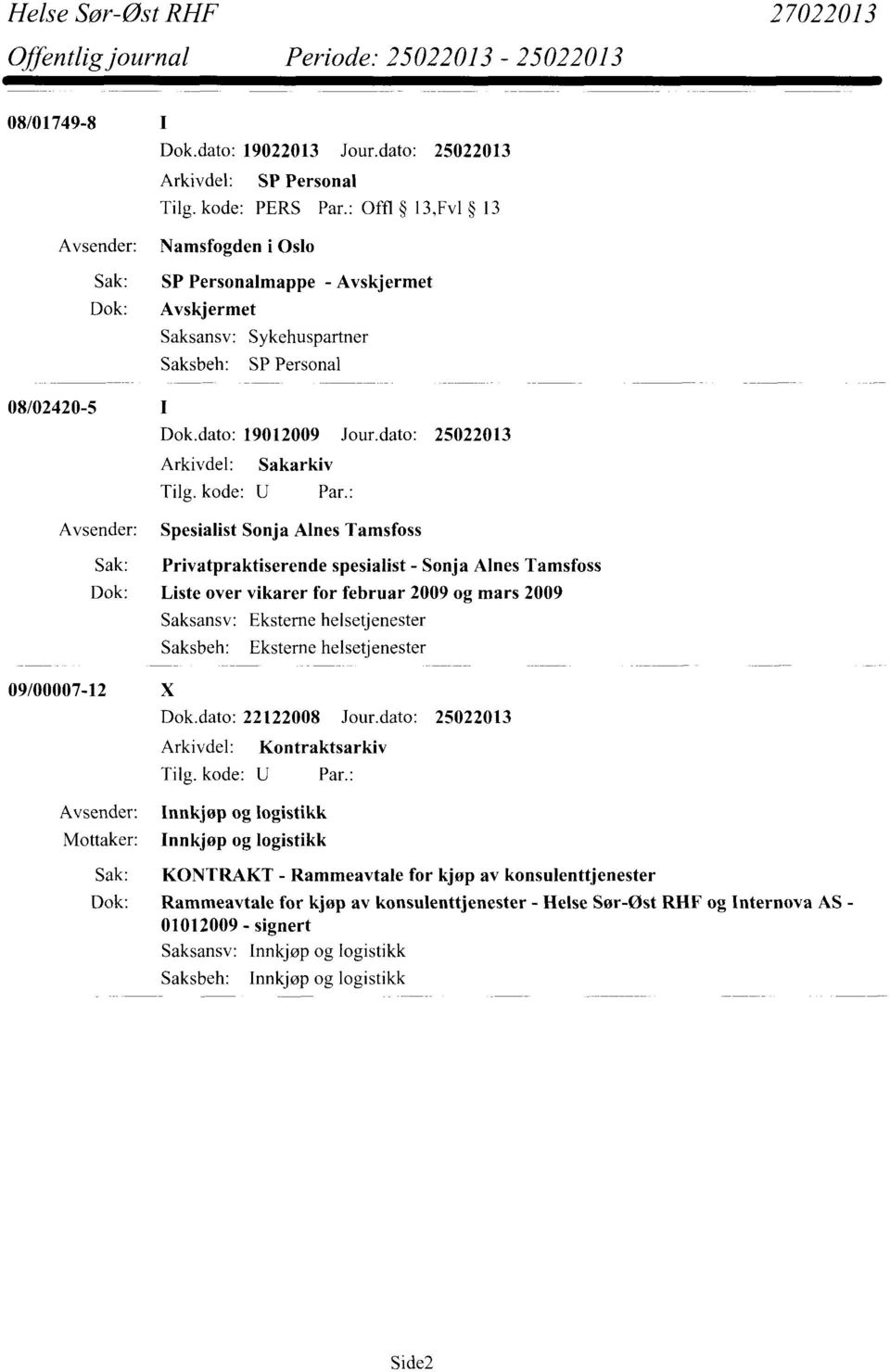 dato: 25022013 Arkivdel: Sakarkiv Spesialist Sonja Alnes Tamsfoss Sak: Privatpraktiserende spesialist - Sonja Alnes Tamsfoss Dok: Liste over vikarer for februar 2009 og mars 2009 Saksansv: Eksterne