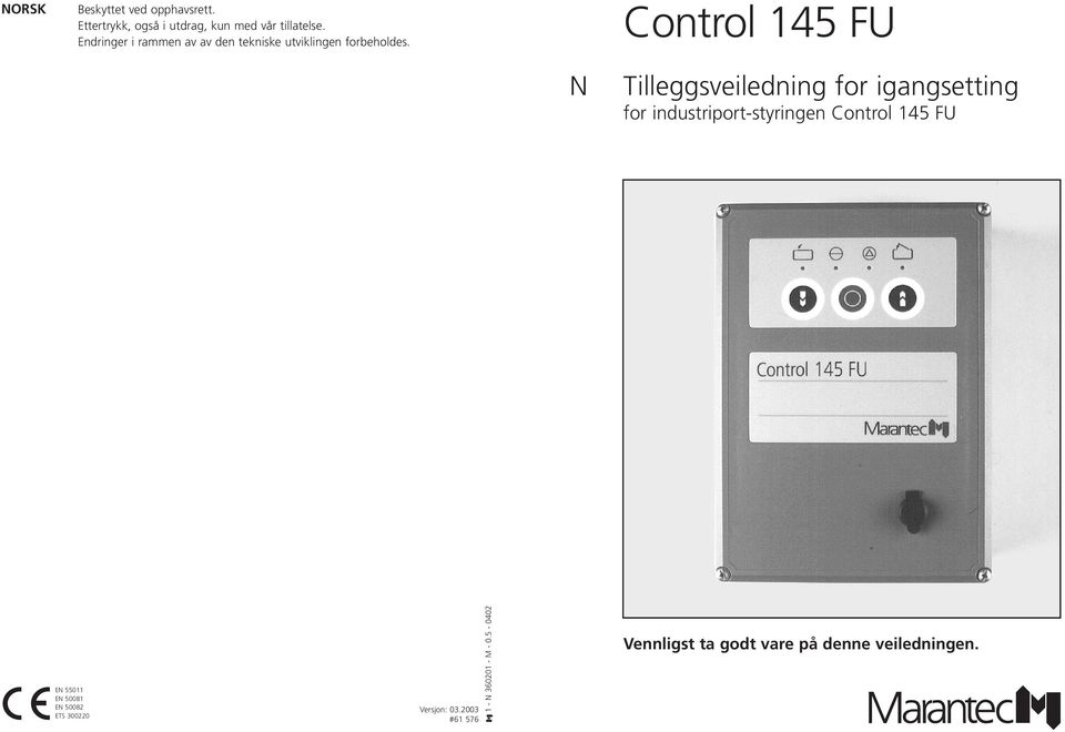 Control 145 FU N Tilleggsveiledning for igangsetting for industriport-styringen Control 145