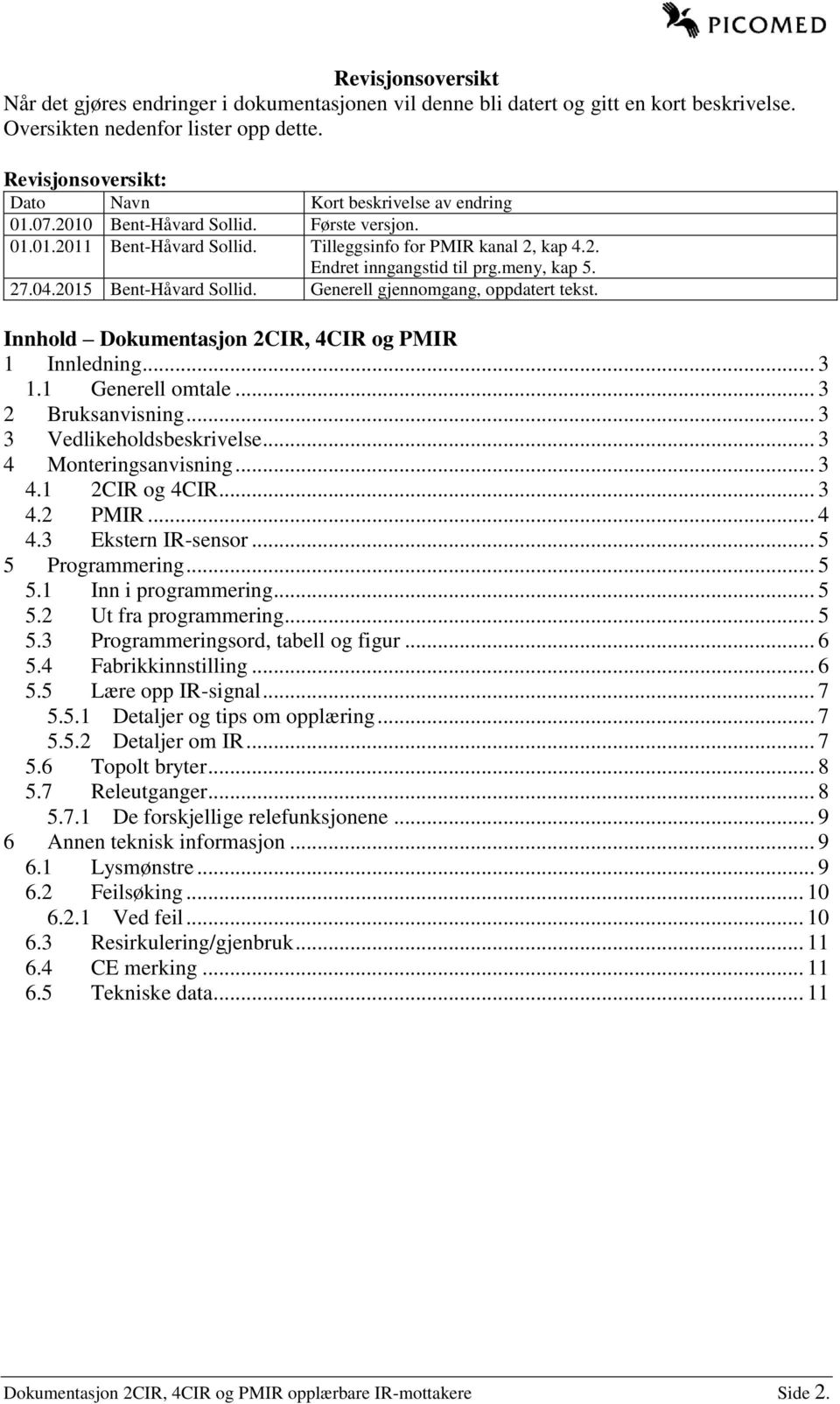 meny, kap 5. 27.04.2015 Bent-Håvard Sollid. Generell gjennomgang, oppdatert tekst. Innhold Dokumentasjon 2CIR, 4CIR og PMIR 1 Innledning... 3 1.1 Generell omtale... 3 2 Bruksanvisning.