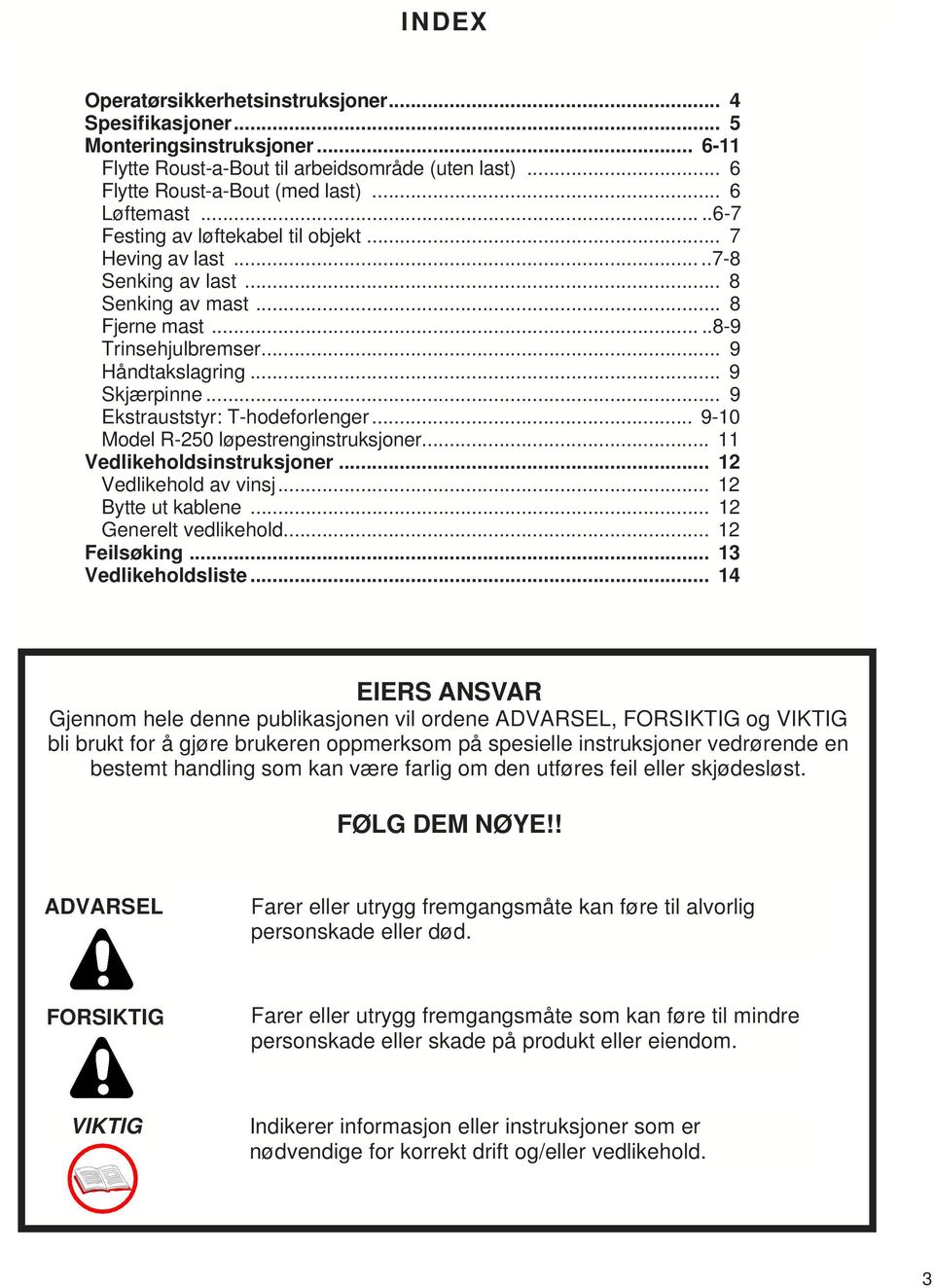 .. 9 Ekstrauststyr: T-hodeforlenger... 9-10 Model R-250 løpestrenginstruksjoner... 11 Vedlikeholdsinstruksjoner... 12 Vedlikehold av vinsj... 12 Bytte ut kablene... 12 Generelt vedlikehold.