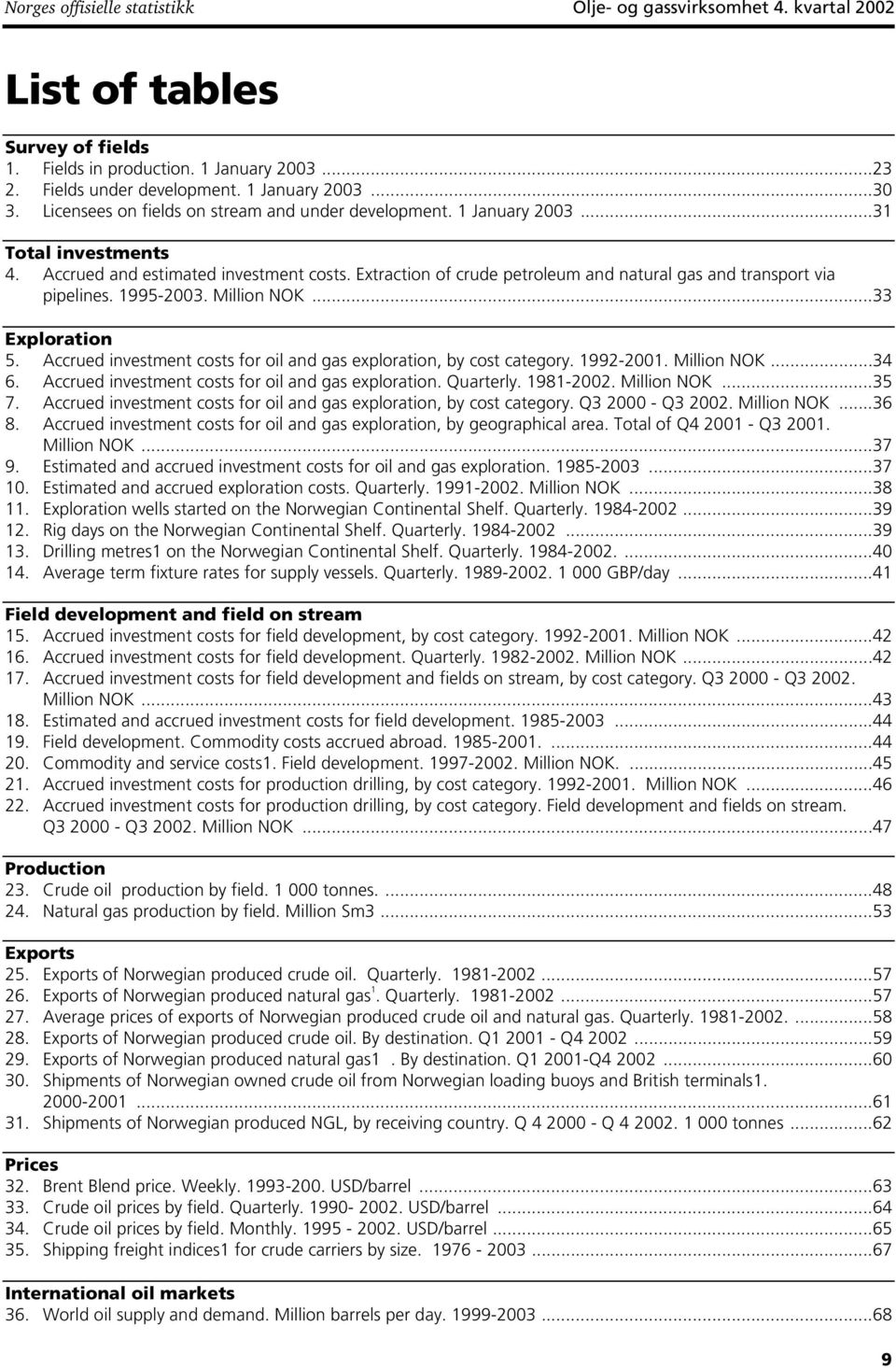 Extraction of crude petroleum and natural gas and transport via pipelines. 1995-2003. Million NOK...33 Exploration 5. Accrued investment costs for oil and gas exploration, by cost category. 1992-2001.