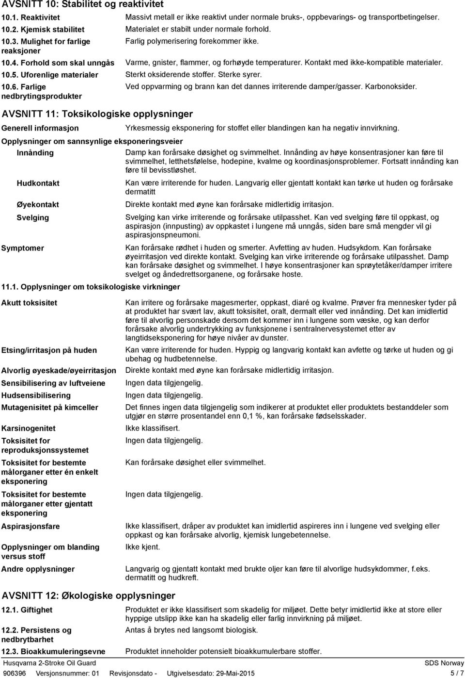 Farlig polymerisering forekommer ikke. Varme, gnister, flammer, og forhøyde temperaturer. Kontakt med ikkekompatible materialer. Sterkt oksiderende stoffer. Sterke syrer.