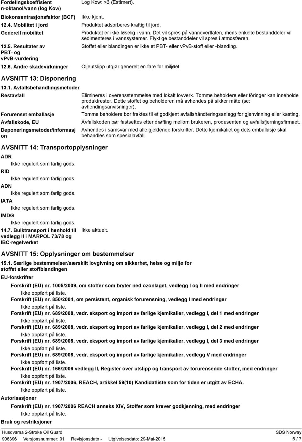 Flyktige bestanddeler vil spres i atmosfæren. Stoffet eller blandingen er ikke et PBT eller vpvbstoff eller blanding. 12.6. Andre skadevirkninger Oljeutslipp utgjør generelt en fare for miljøet.