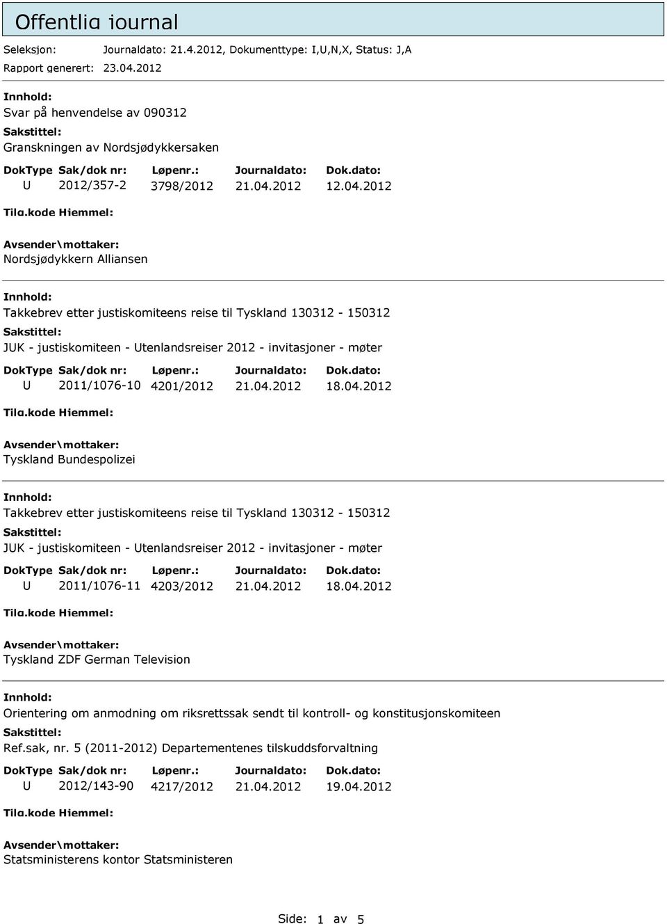 2012 Nordsjødykkern Alliansen JK - justiskomiteen - tenlandsreiser 2012 - invitasjoner - møter 2011/1076-10 4201/2012 Tyskland