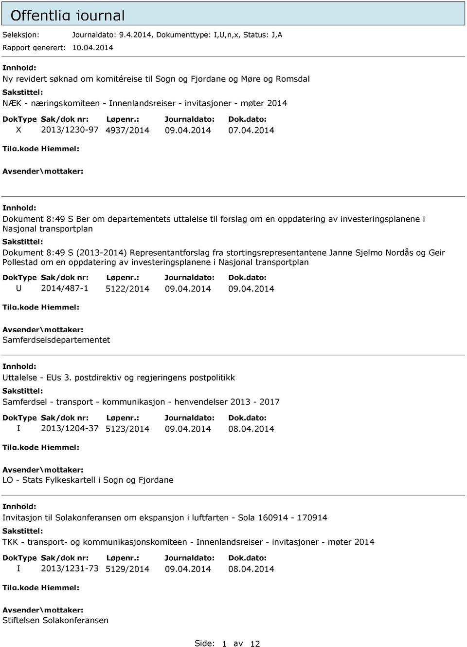 2014 Dokument 8:49 S Ber om departementets uttalelse til forslag om en oppdatering av investeringsplanene i Nasjonal transportplan Dokument 8:49 S (2013-2014) Representantforslag fra