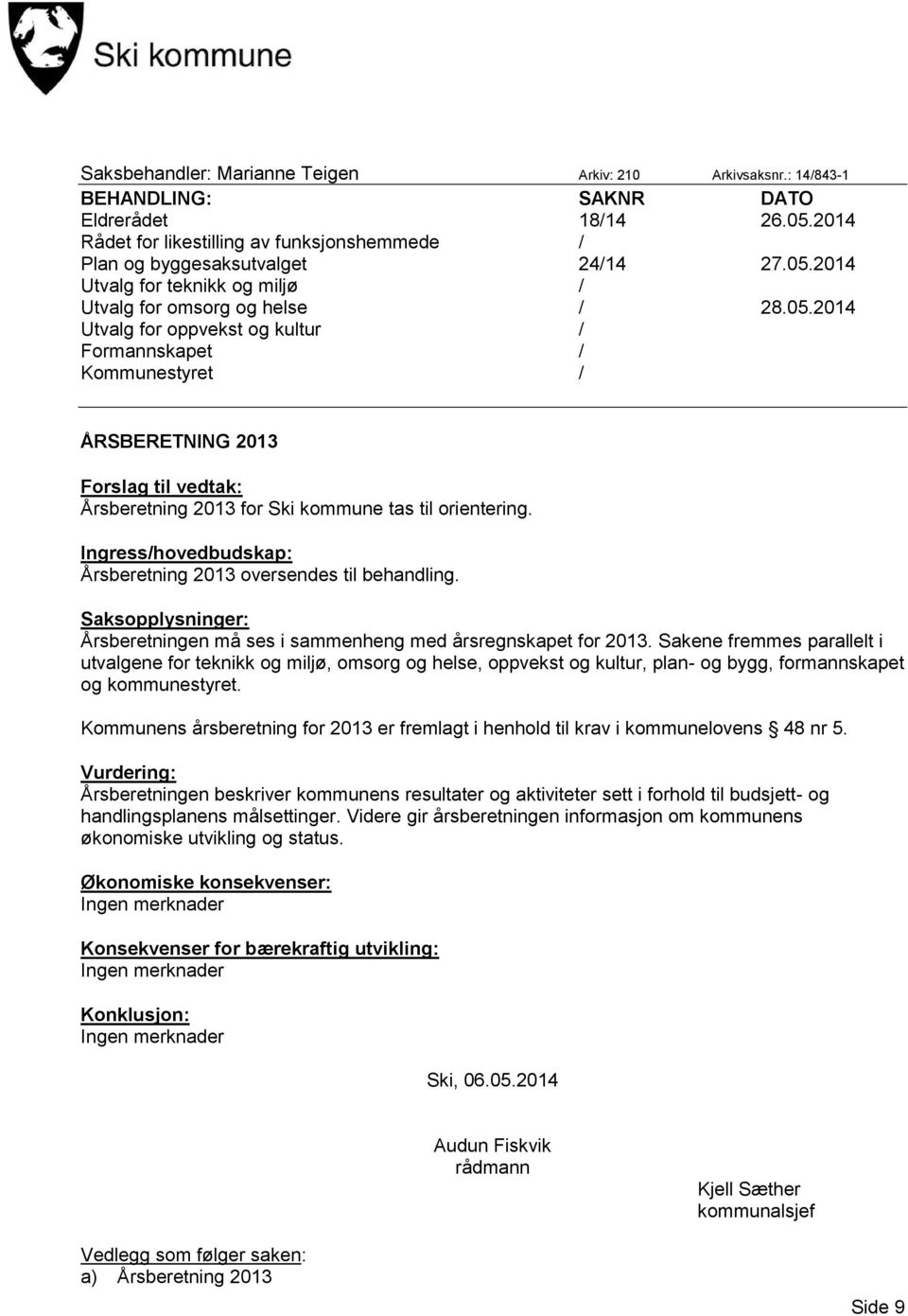 Ingress/hovedbudskap: Årsberetning 2013 oversendes til behandling. Saksopplysninger: Årsberetningen må ses i sammenheng med årsregnskapet for 2013.