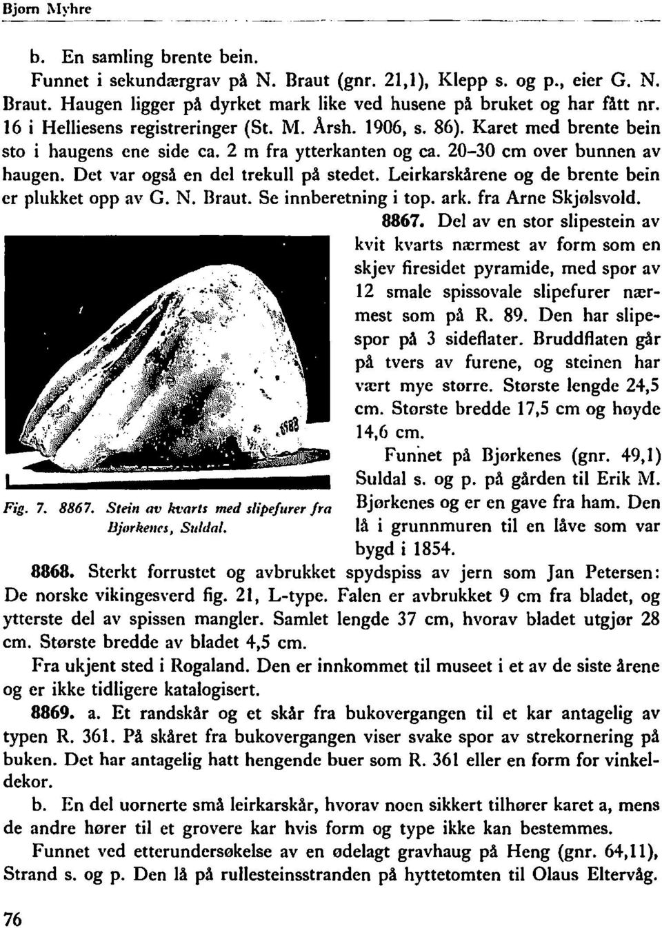 Det var også en del trekull på stedet. Leirkarskårene og de brente bein er plukket opp av G. N. Braut. Se innberetning i tap. ark. fra Arne Skjølsvold. 8867.