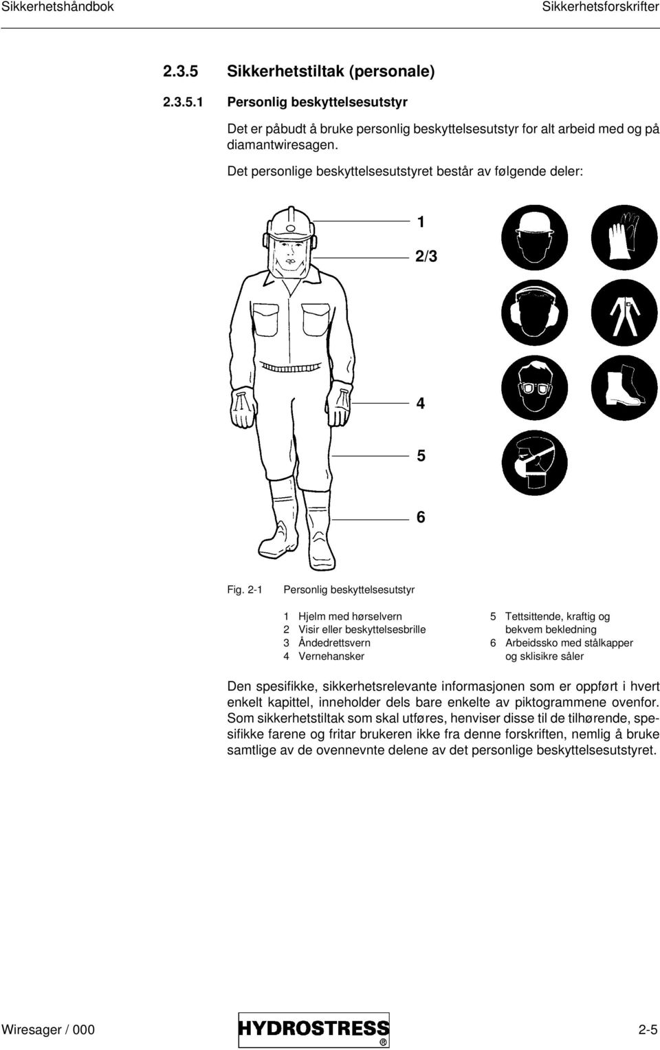 2-1 Personlig beskyttelsesutstyr 1 Hjelm med hørselvern 5 Tettsittende, kraftig og 2 Visir eller beskyttelsesbrille bekvem bekledning 3 Åndedrettsvern 6 Arbeidssko med stålkapper 4 Vernehansker og