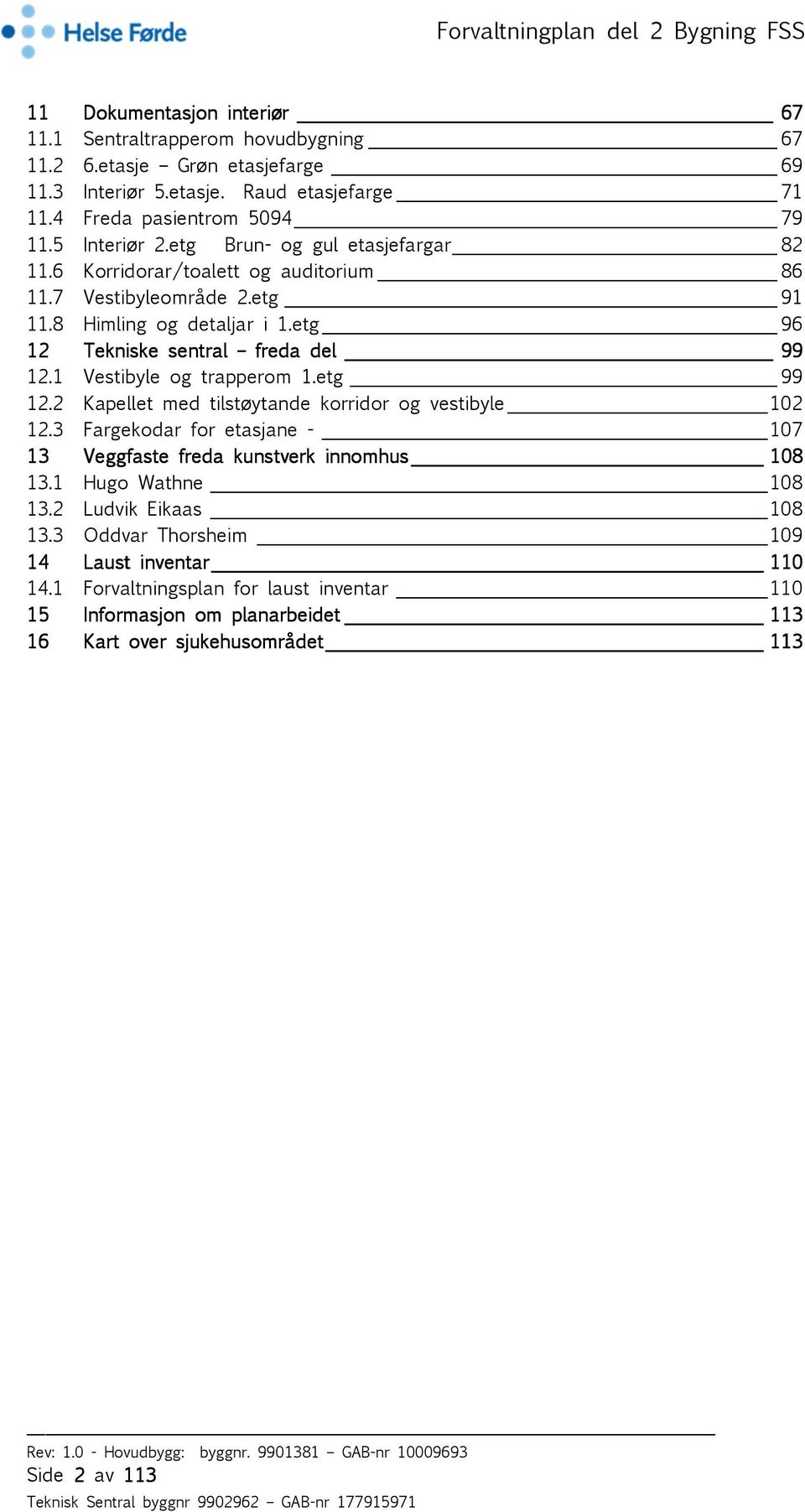 1 Vestibyle og trapperom 1.etg 99 12.2 Kapellet med tilstøytande korridor og vestibyle 102 12.3 Fargekodar for etasjane - 107 13 Veggfaste freda kunstverk innomhus 108 13.